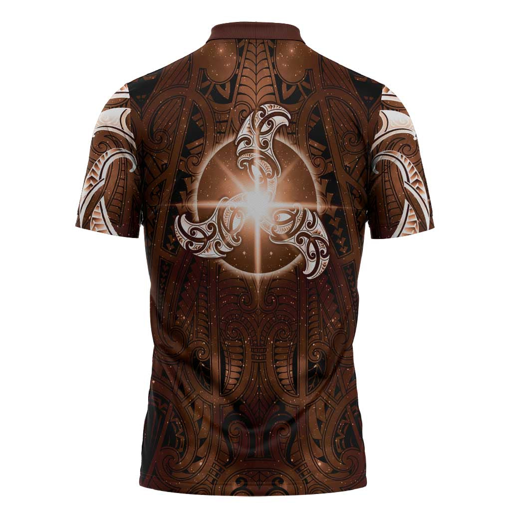 New Zealand Matariki Tupuanuku Zipper Polo Shirt Maori Moko Brown Galaxy LT05