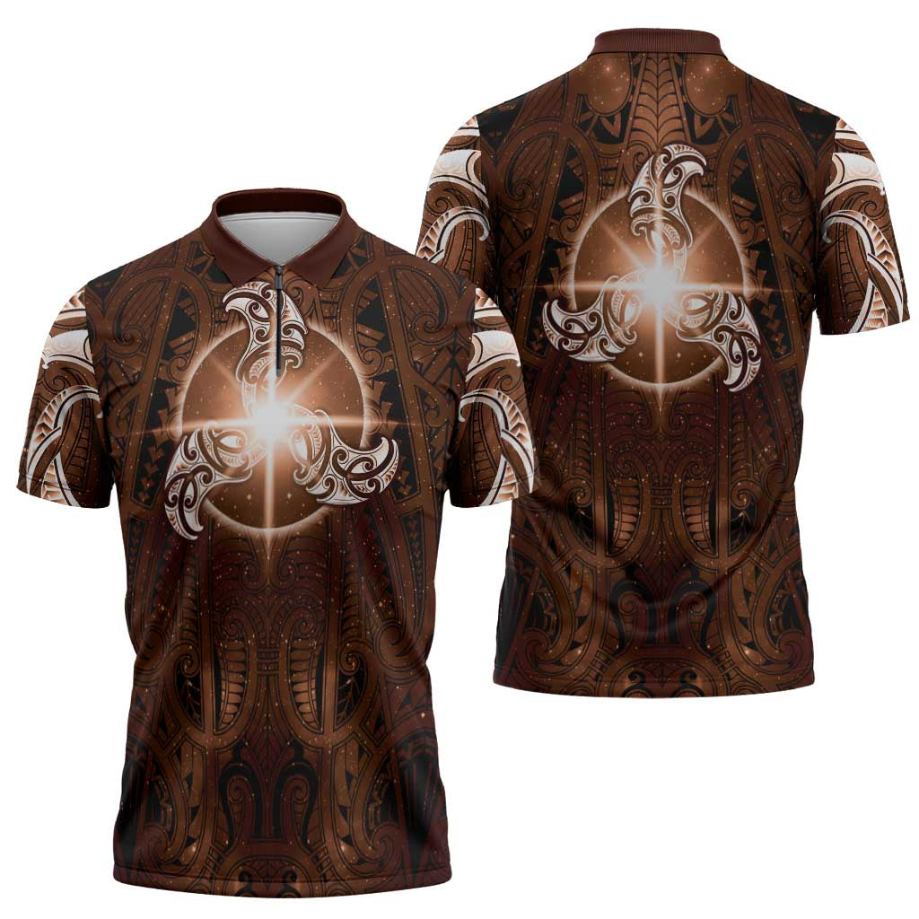 New Zealand Matariki Tupuanuku Zipper Polo Shirt Maori Moko Brown Galaxy LT05