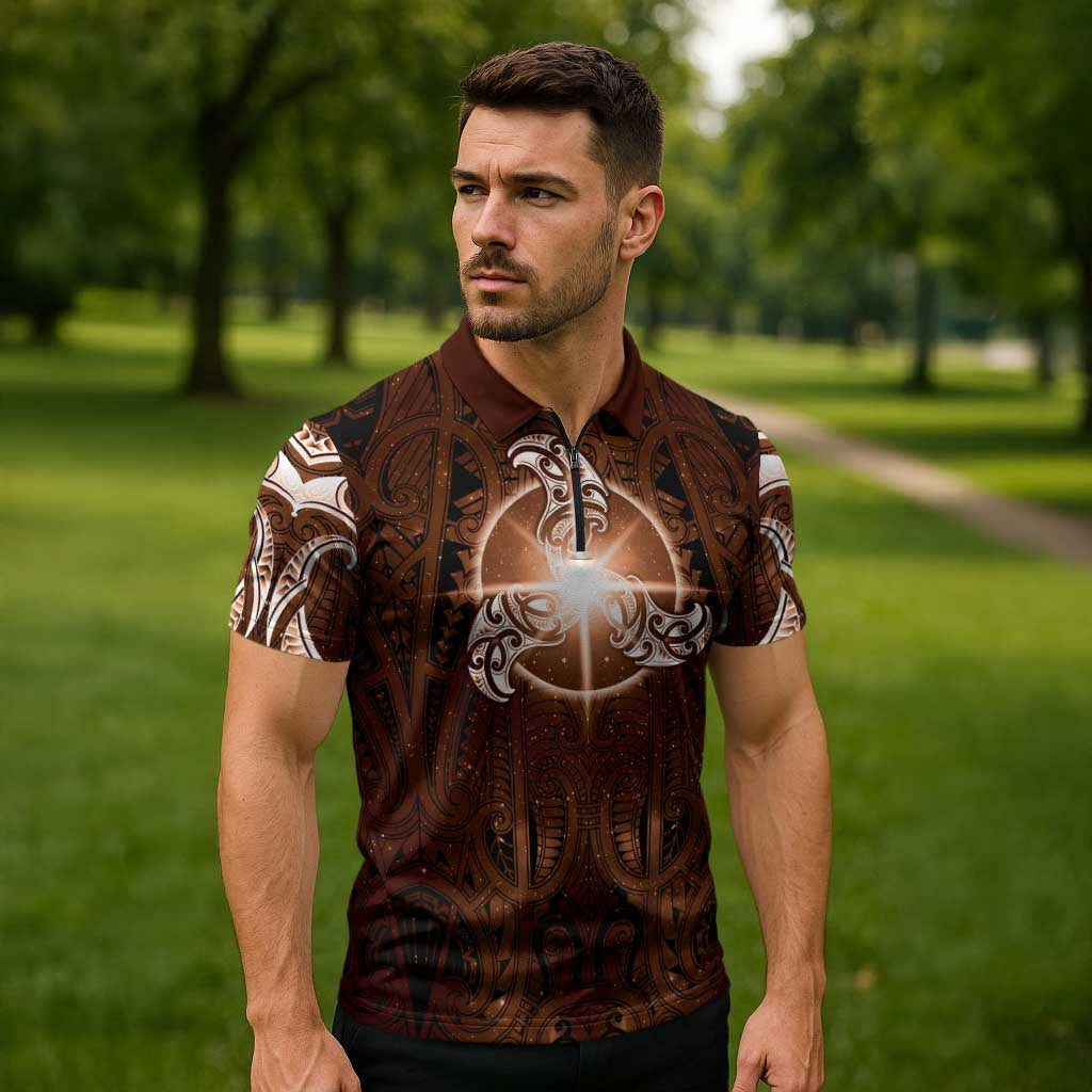 New Zealand Matariki Tupuanuku Zipper Polo Shirt Maori Moko Brown Galaxy LT05