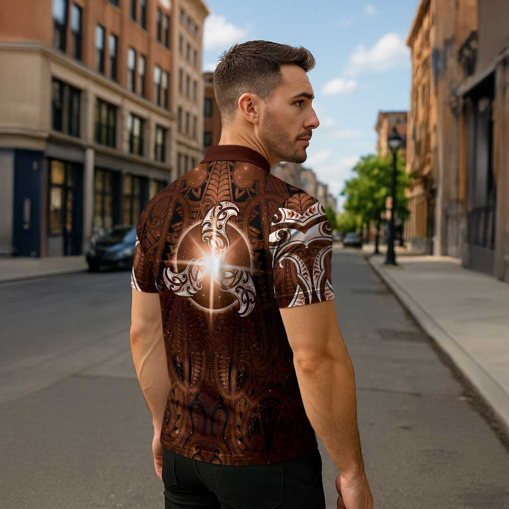 New Zealand Matariki Tupuanuku Zipper Polo Shirt Maori Moko Brown Galaxy LT05