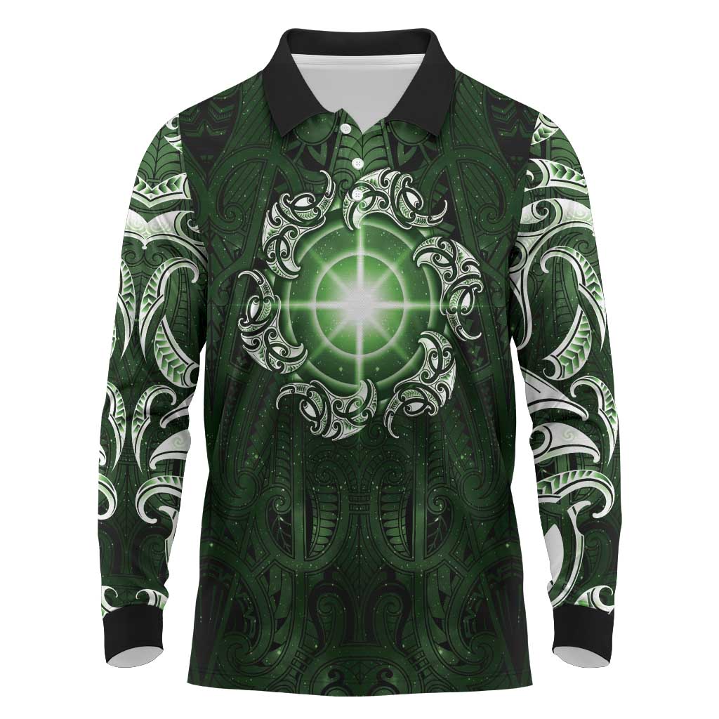 New Zealand Matariki Tupuarangi Long Sleeve Polo Shirt Maori Moko Green Galaxy LT05