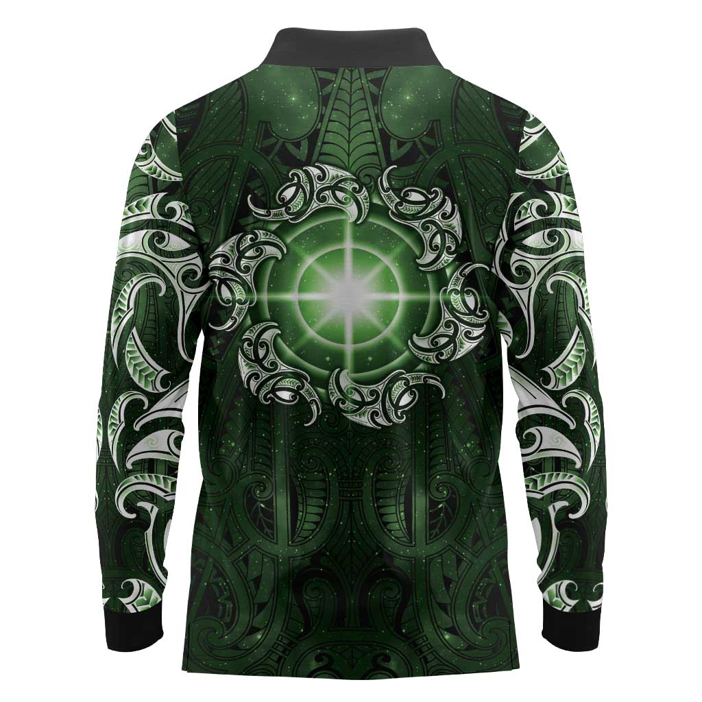 New Zealand Matariki Tupuarangi Long Sleeve Polo Shirt Maori Moko Green Galaxy LT05