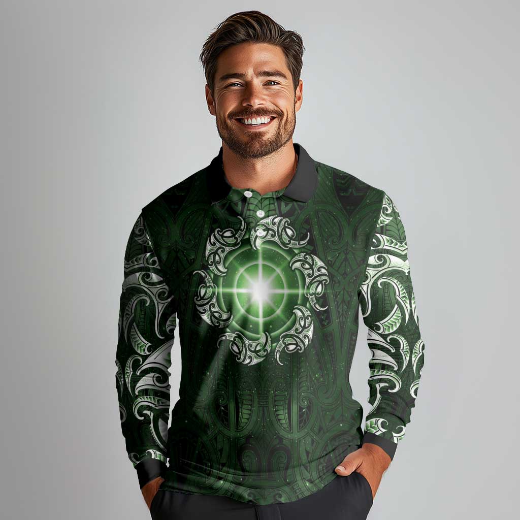 New Zealand Matariki Tupuarangi Long Sleeve Polo Shirt Maori Moko Green Galaxy LT05