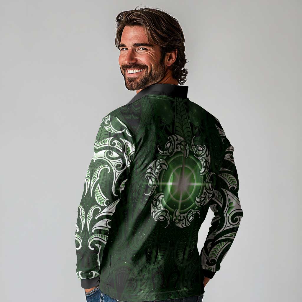 New Zealand Matariki Tupuarangi Long Sleeve Polo Shirt Maori Moko Green Galaxy LT05