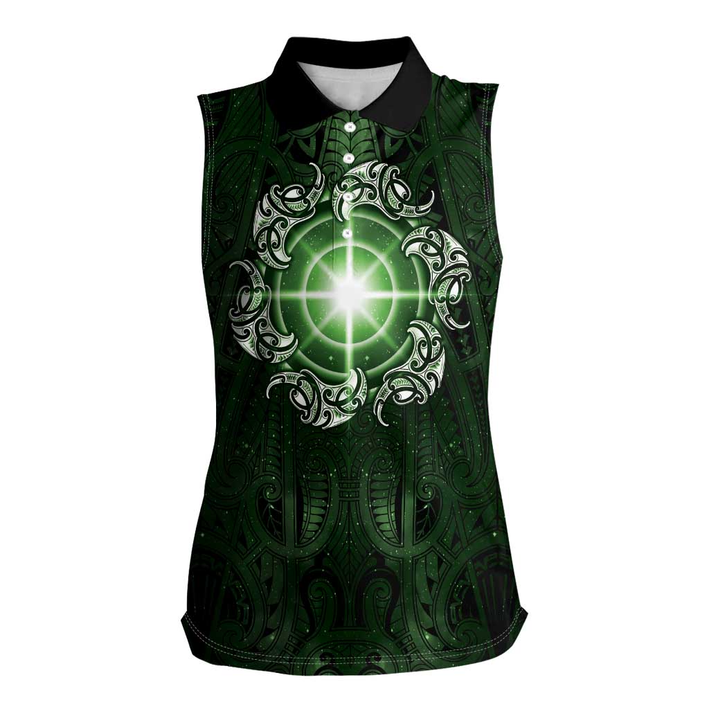 New Zealand Matariki Tupuarangi Women Sleeveless Polo Shirt Maori Moko Green Galaxy LT05