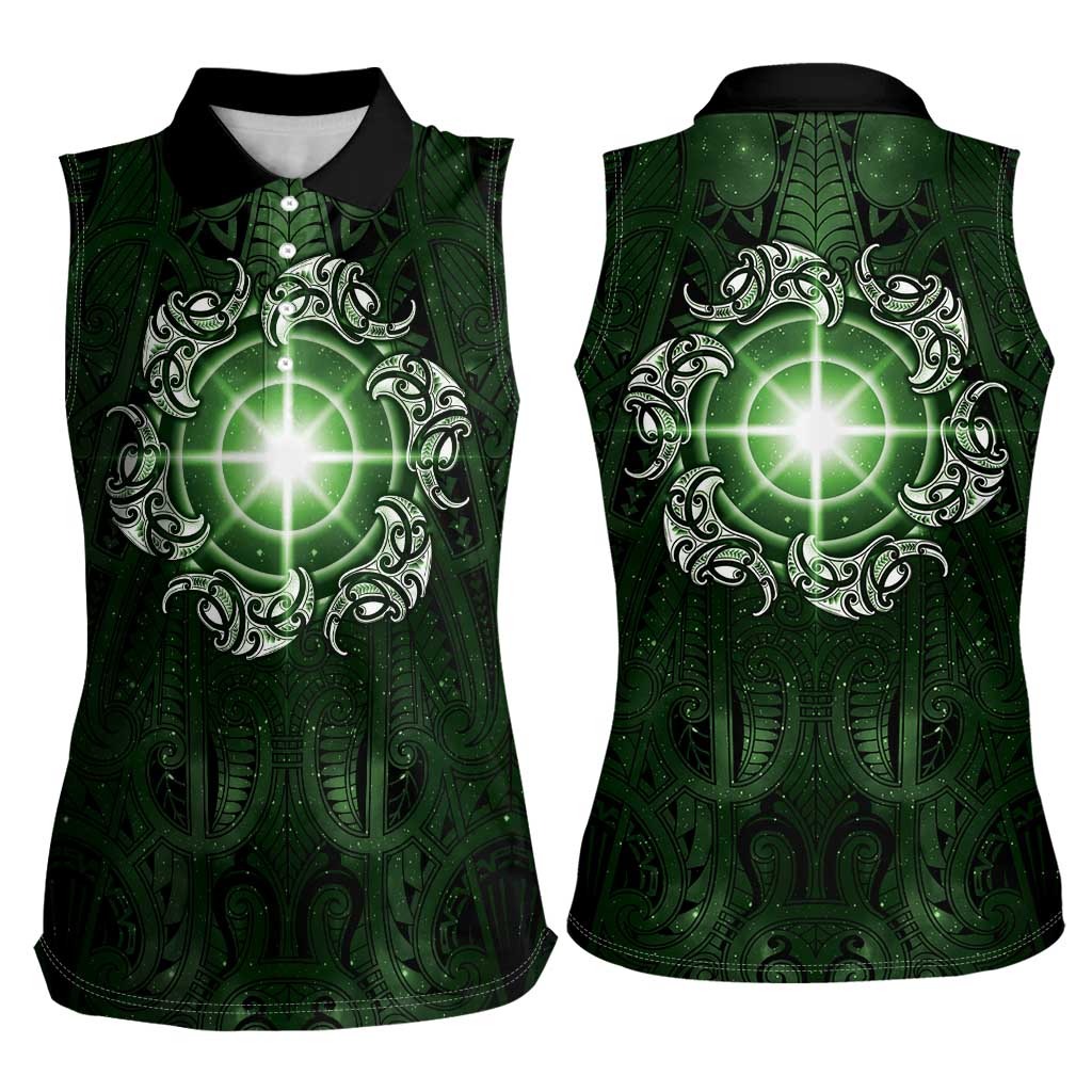 New Zealand Matariki Tupuarangi Women Sleeveless Polo Shirt Maori Moko Green Galaxy LT05