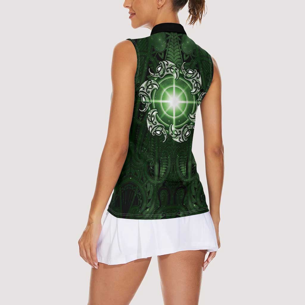 New Zealand Matariki Tupuarangi Women Sleeveless Polo Shirt Maori Moko Green Galaxy LT05