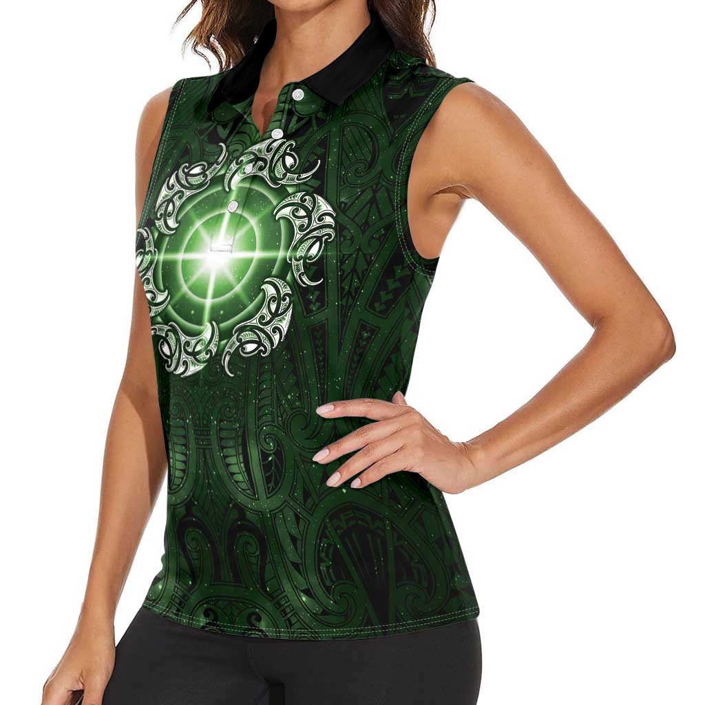 New Zealand Matariki Tupuarangi Women Sleeveless Polo Shirt Maori Moko Green Galaxy LT05