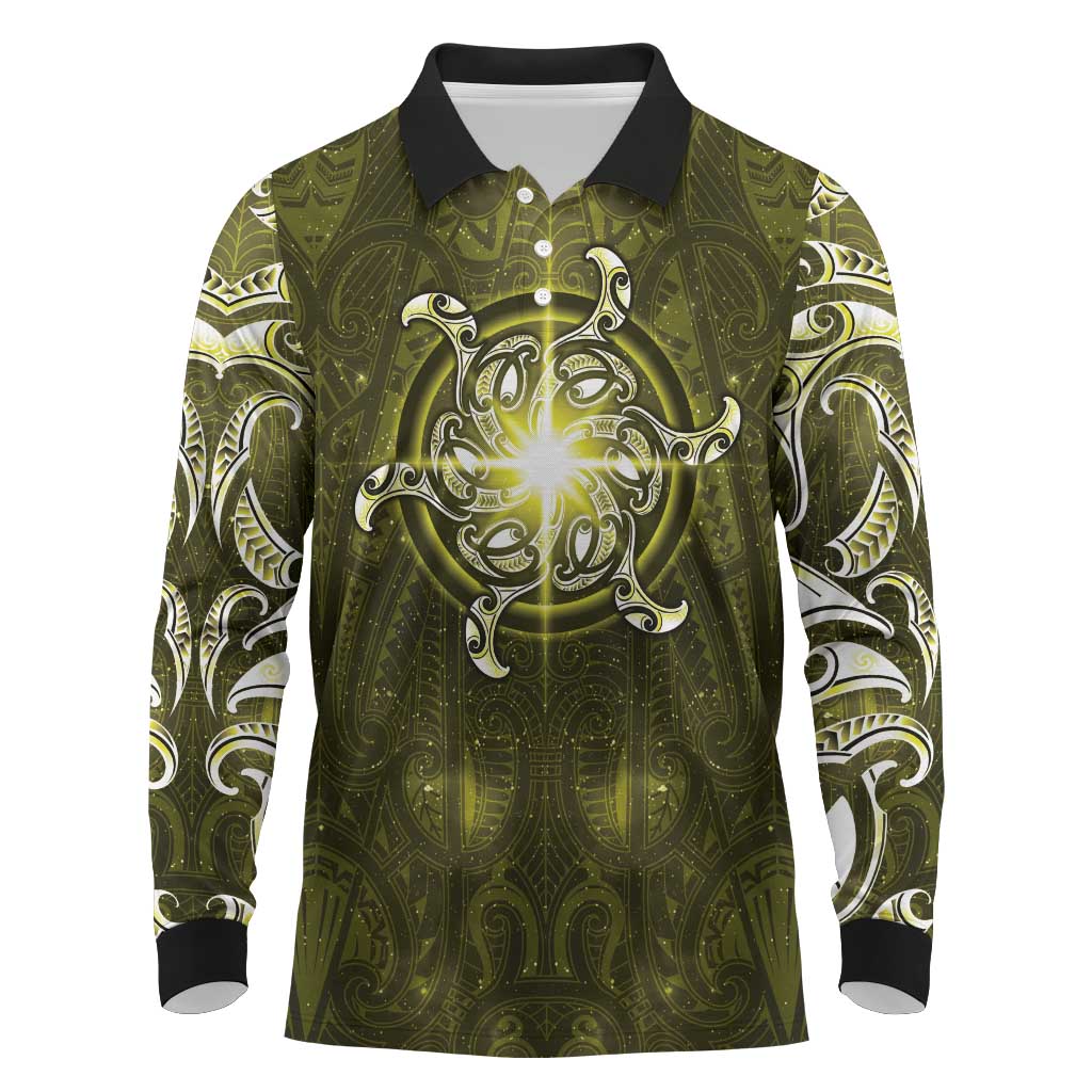 New Zealand Matariki Hiwaiterangi Long Sleeve Polo Shirt Maori Moko Yellow Galaxy LT05