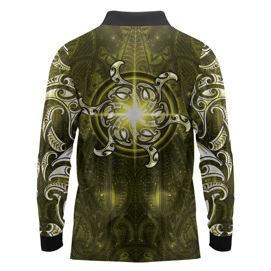 New Zealand Matariki Hiwaiterangi Long Sleeve Polo Shirt Maori Moko Yellow Galaxy LT05