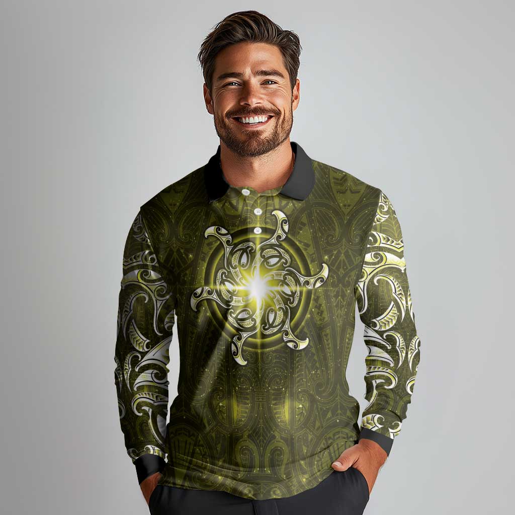 New Zealand Matariki Hiwaiterangi Long Sleeve Polo Shirt Maori Moko Yellow Galaxy LT05