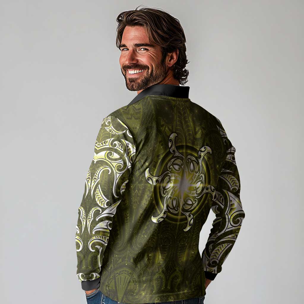 New Zealand Matariki Hiwaiterangi Long Sleeve Polo Shirt Maori Moko Yellow Galaxy LT05