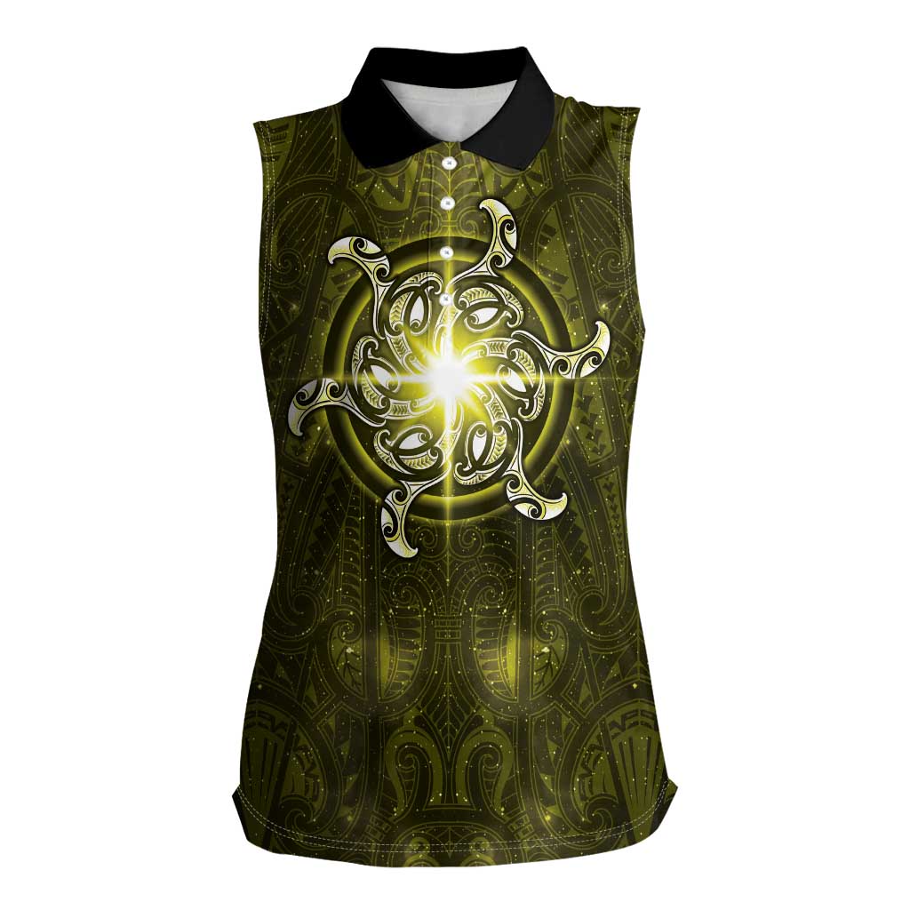 New Zealand Matariki Hiwaiterangi Women Sleeveless Polo Shirt Maori Moko Yellow Galaxy LT05