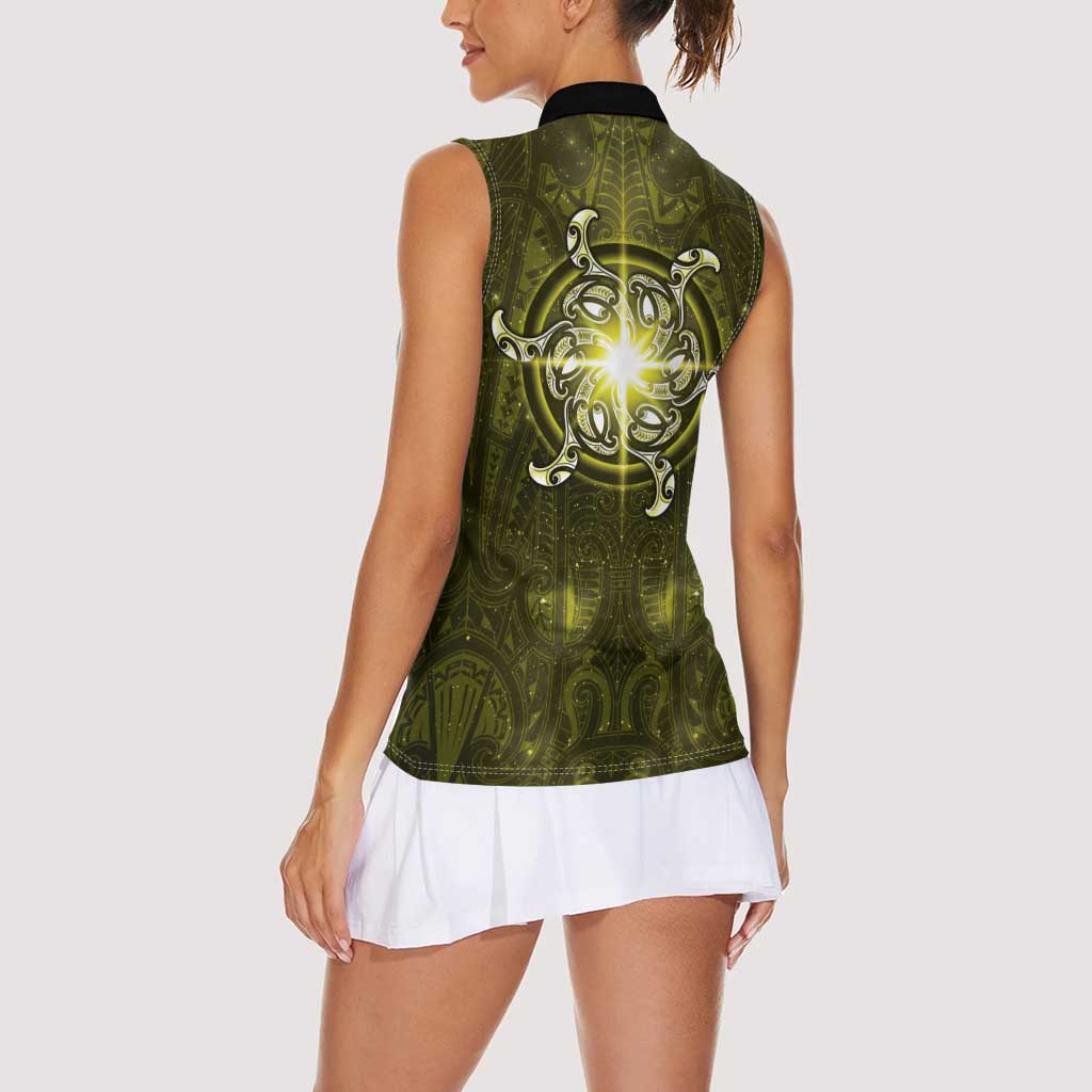 New Zealand Matariki Hiwaiterangi Women Sleeveless Polo Shirt Maori Moko Yellow Galaxy LT05