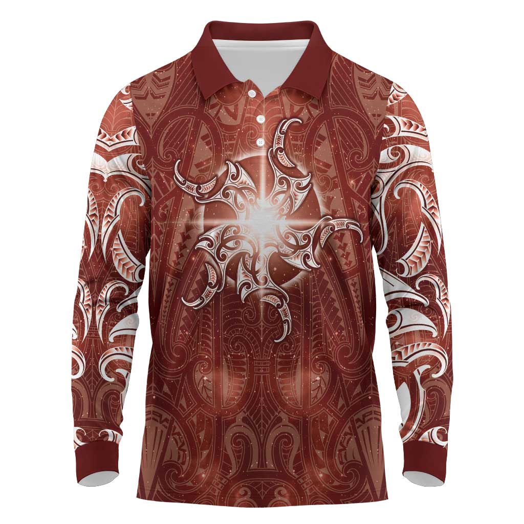 New Zealand Matariki Pohutukawa Long Sleeve Polo Shirt Maori Moko Red Galaxy LT05