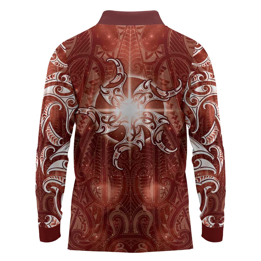 New Zealand Matariki Pohutukawa Long Sleeve Polo Shirt Maori Moko Red Galaxy LT05