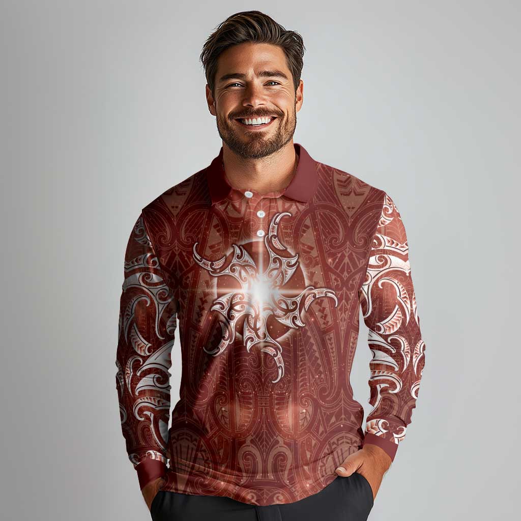 New Zealand Matariki Pohutukawa Long Sleeve Polo Shirt Maori Moko Red Galaxy LT05