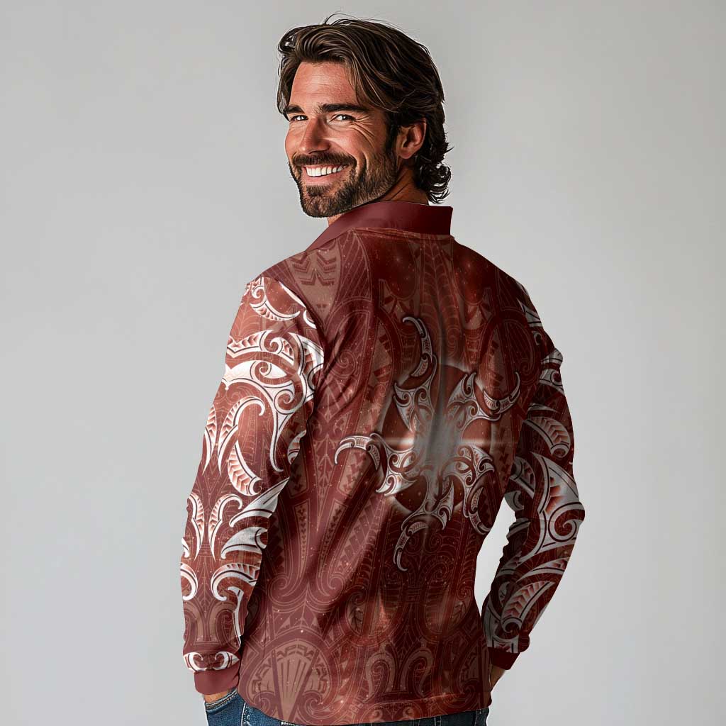 New Zealand Matariki Pohutukawa Long Sleeve Polo Shirt Maori Moko Red Galaxy LT05