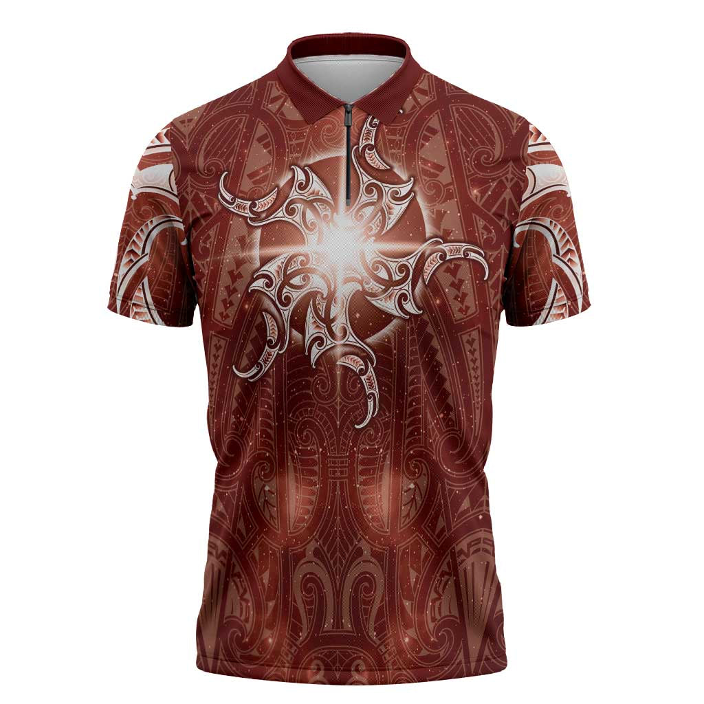 New Zealand Matariki Pohutukawa Zipper Polo Shirt Maori Moko Red Galaxy LT05