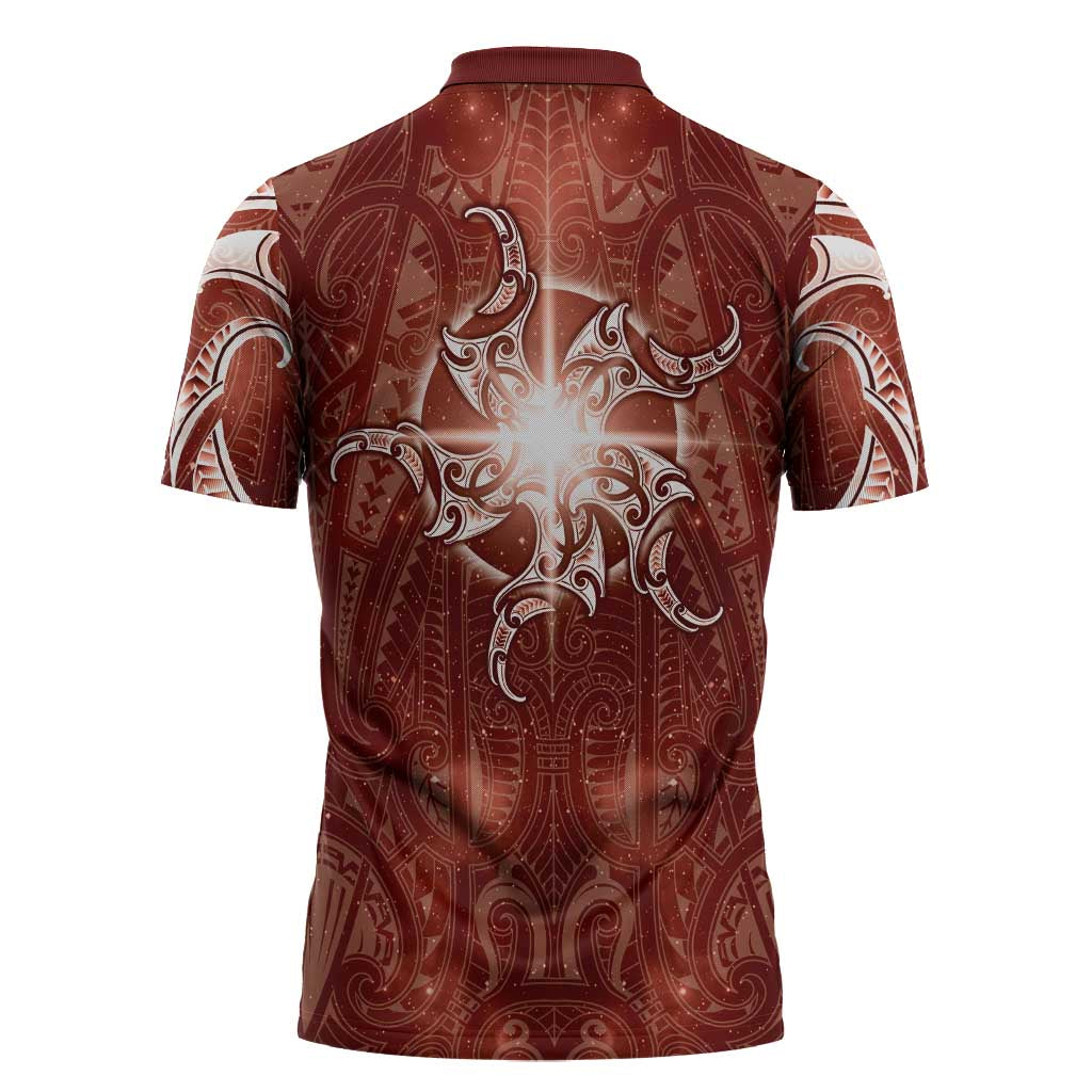 New Zealand Matariki Pohutukawa Zipper Polo Shirt Maori Moko Red Galaxy LT05