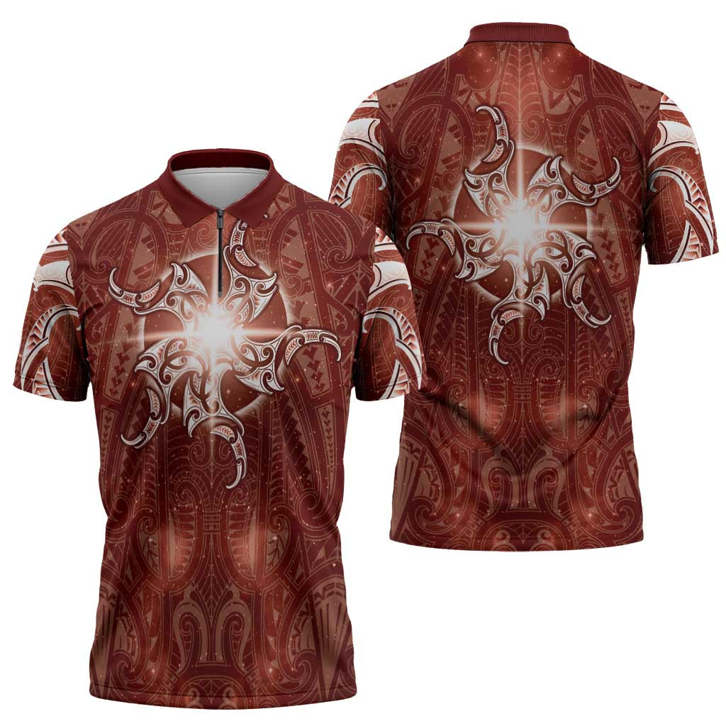 New Zealand Matariki Pohutukawa Zipper Polo Shirt Maori Moko Red Galaxy LT05