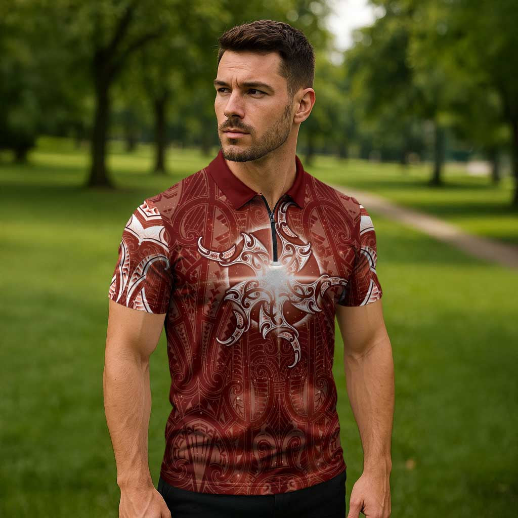 New Zealand Matariki Pohutukawa Zipper Polo Shirt Maori Moko Red Galaxy LT05