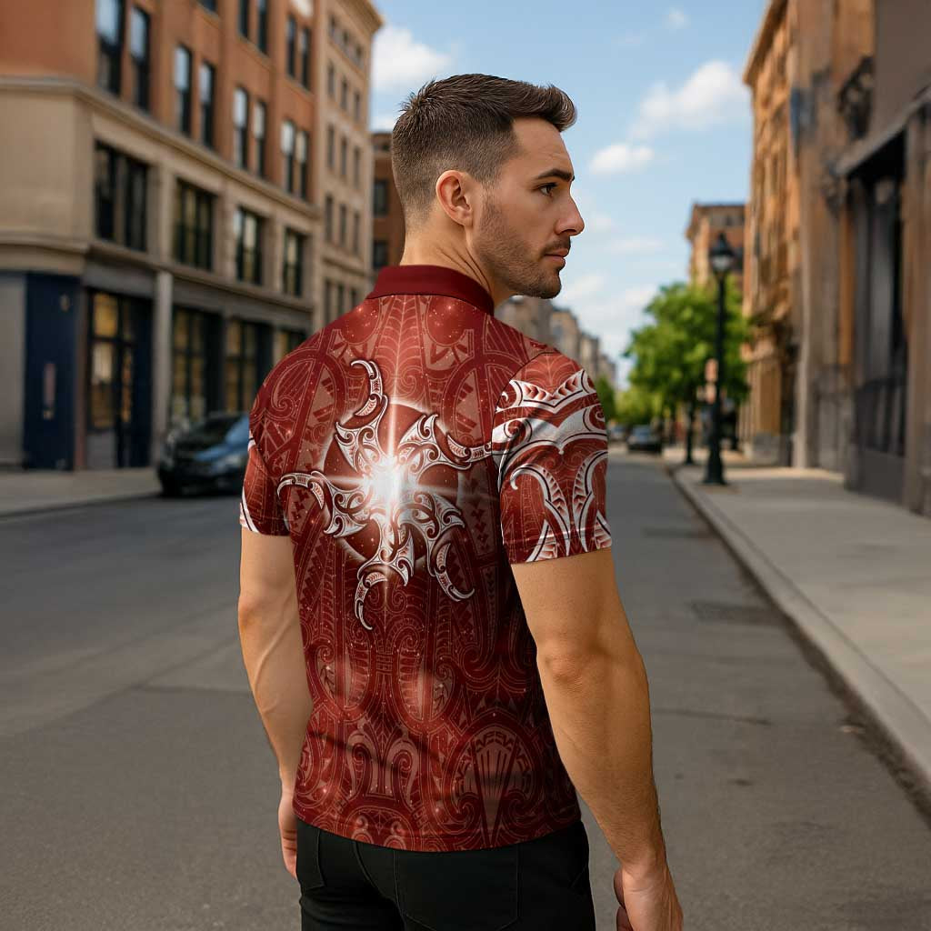 New Zealand Matariki Pohutukawa Zipper Polo Shirt Maori Moko Red Galaxy LT05