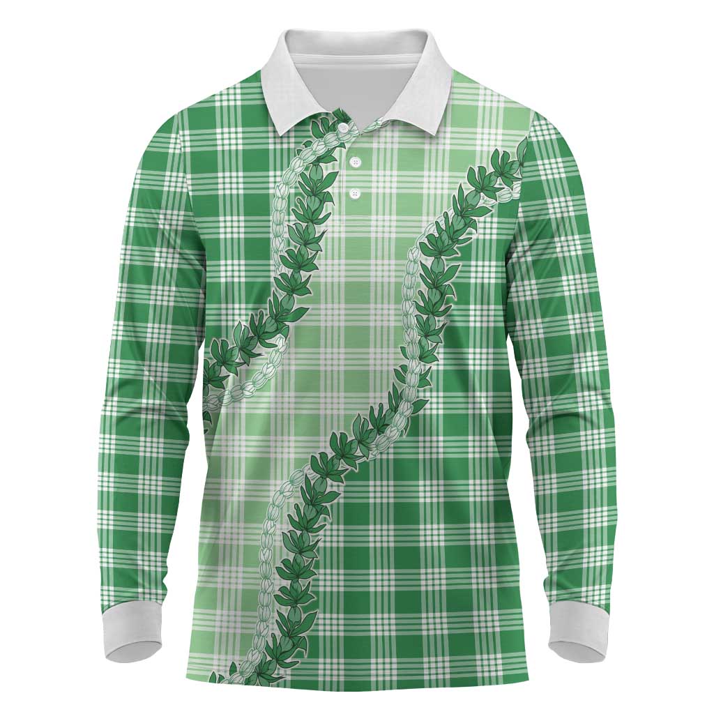 Green Hawaii Palaka Long Sleeve Polo Shirt Hawaiian Pikake Lei LT05