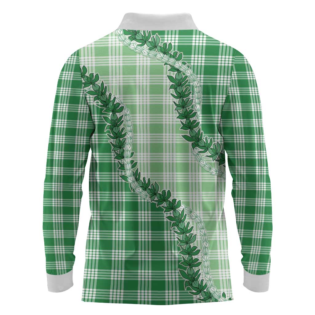 Green Hawaii Palaka Long Sleeve Polo Shirt Hawaiian Pikake Lei LT05