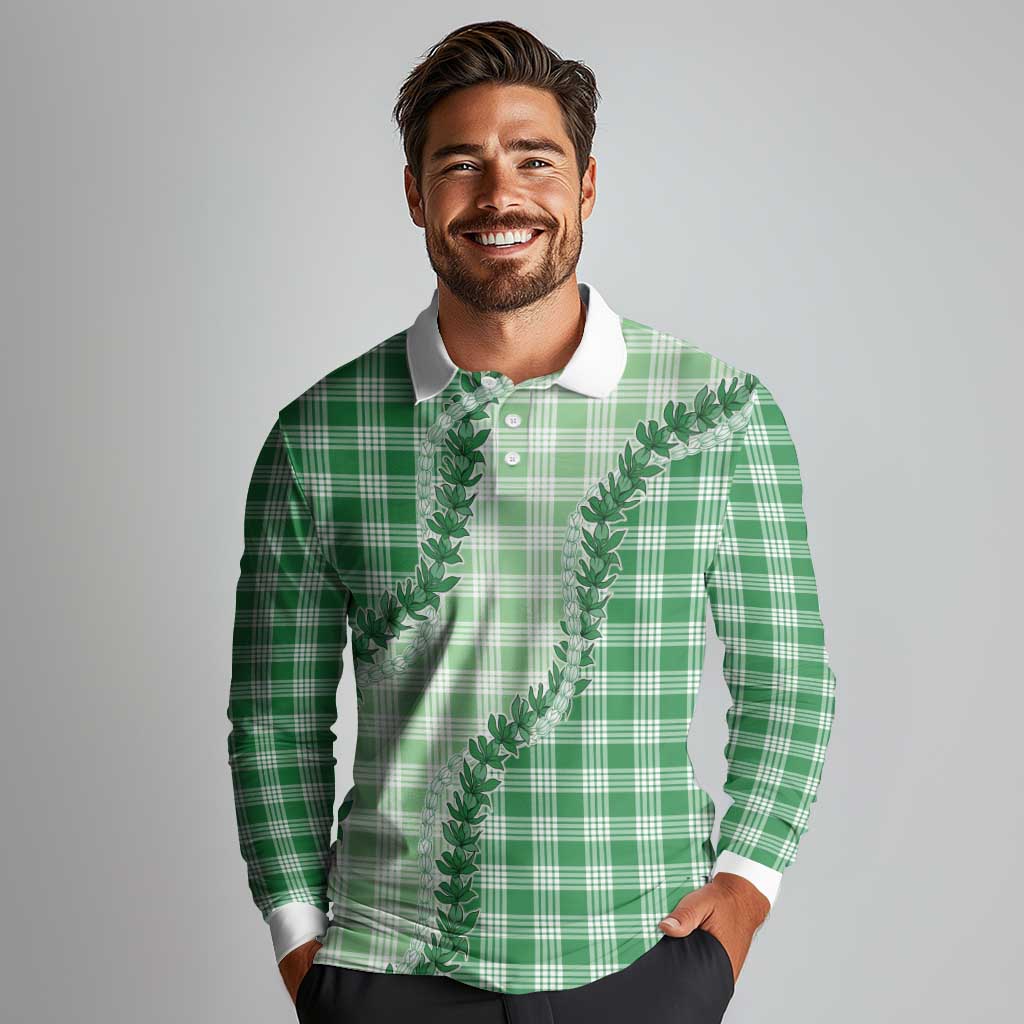 Green Hawaii Palaka Long Sleeve Polo Shirt Hawaiian Pikake Lei LT05