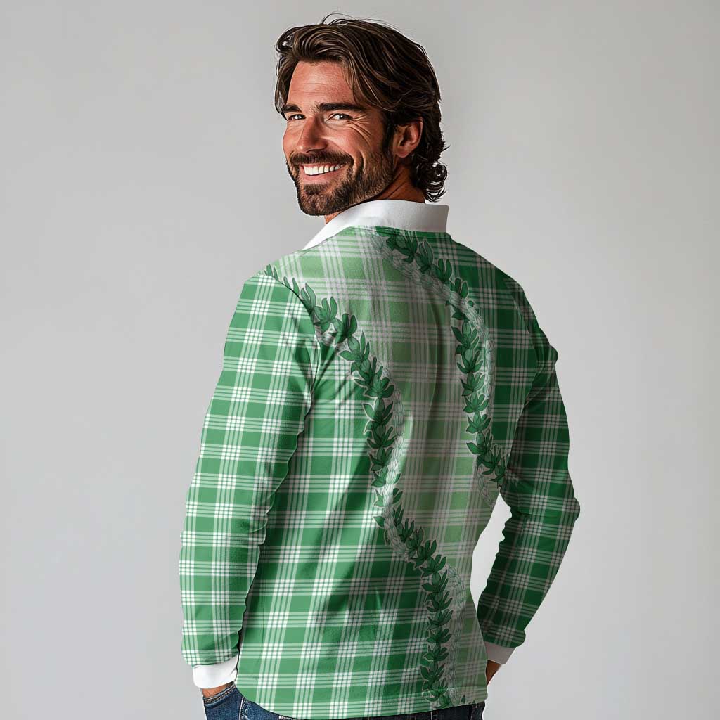 Green Hawaii Palaka Long Sleeve Polo Shirt Hawaiian Pikake Lei LT05