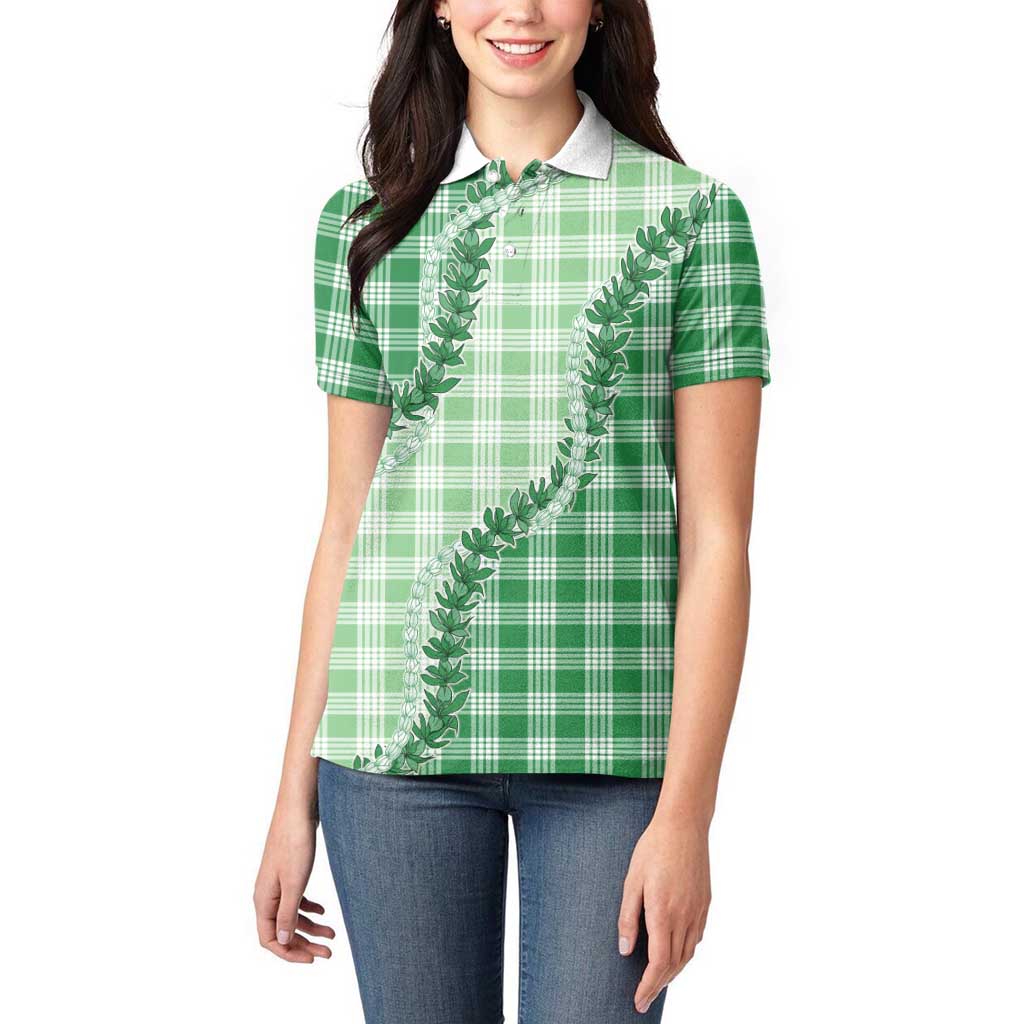 Green Hawaii Palaka Women Polo Shirt Hawaiian Pikake Lei LT05