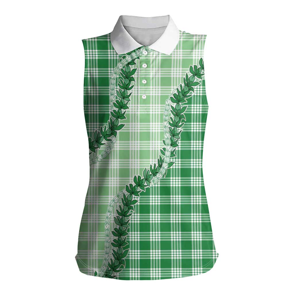 Green Hawaii Palaka Women Sleeveless Polo Shirt Hawaiian Pikake Lei LT05