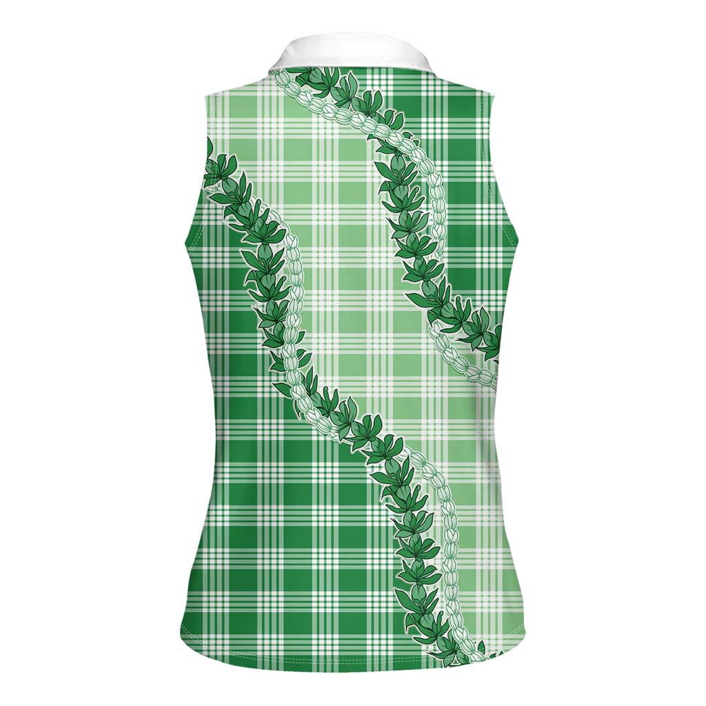 Green Hawaii Palaka Women Sleeveless Polo Shirt Hawaiian Pikake Lei LT05
