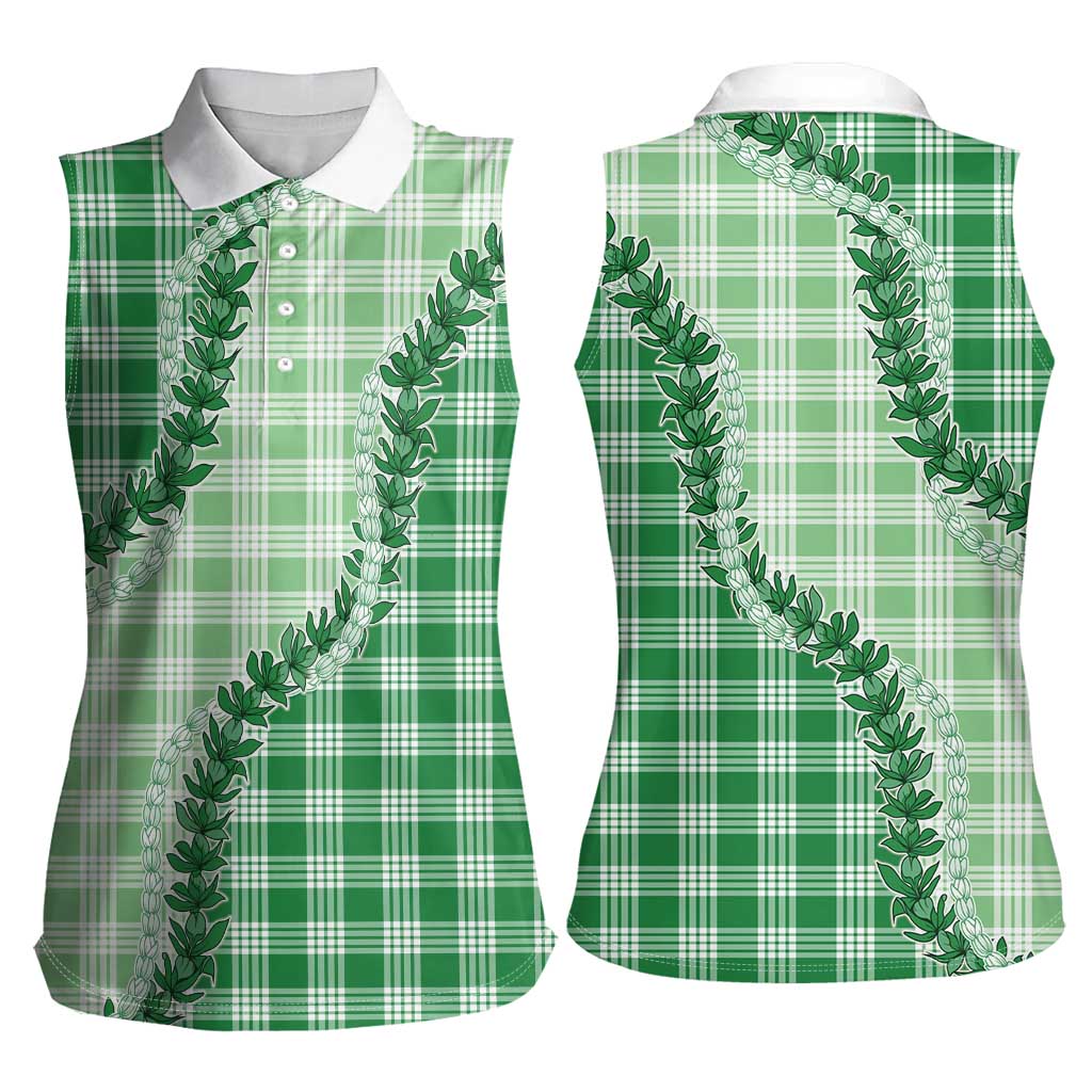 Green Hawaii Palaka Women Sleeveless Polo Shirt Hawaiian Pikake Lei LT05