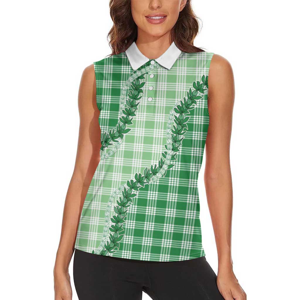 Green Hawaii Palaka Women Sleeveless Polo Shirt Hawaiian Pikake Lei LT05