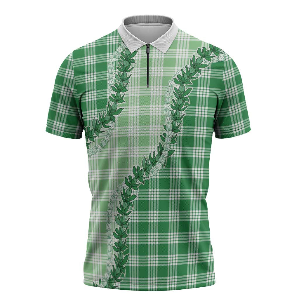 Green Hawaii Palaka Zipper Polo Shirt Hawaiian Pikake Lei LT05
