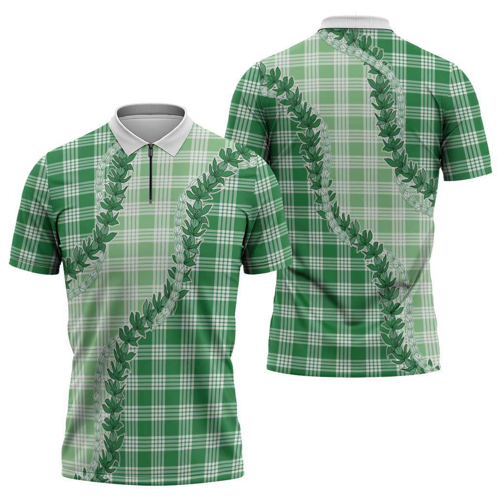 Green Hawaii Palaka Zipper Polo Shirt Hawaiian Pikake Lei LT05