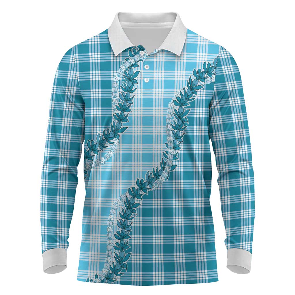 Blue Hawaii Palaka Long Sleeve Polo Shirt Hawaiian Pikake Lei LT05