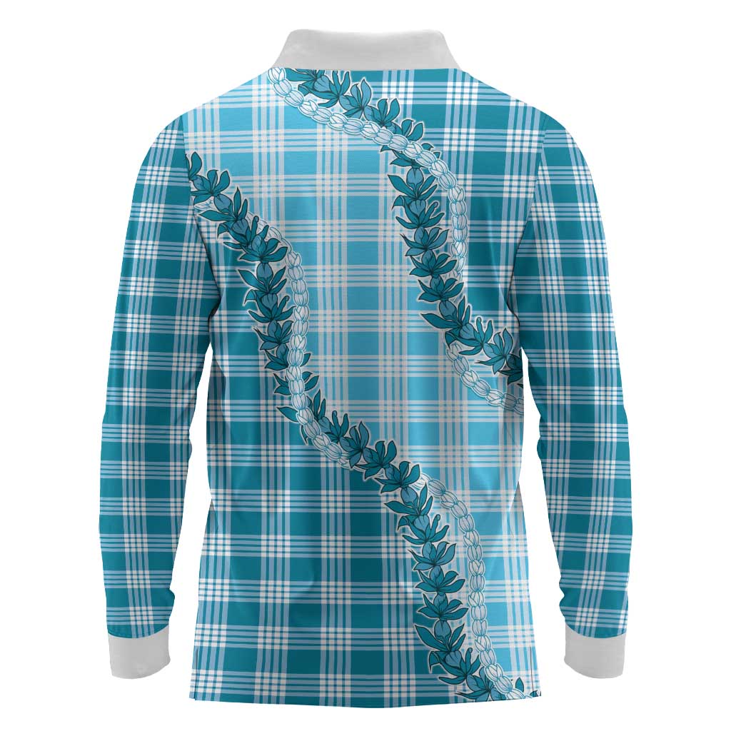Blue Hawaii Palaka Long Sleeve Polo Shirt Hawaiian Pikake Lei LT05
