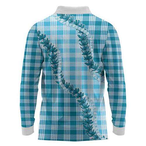 Blue Hawaii Palaka Long Sleeve Polo Shirt Hawaiian Pikake Lei LT05