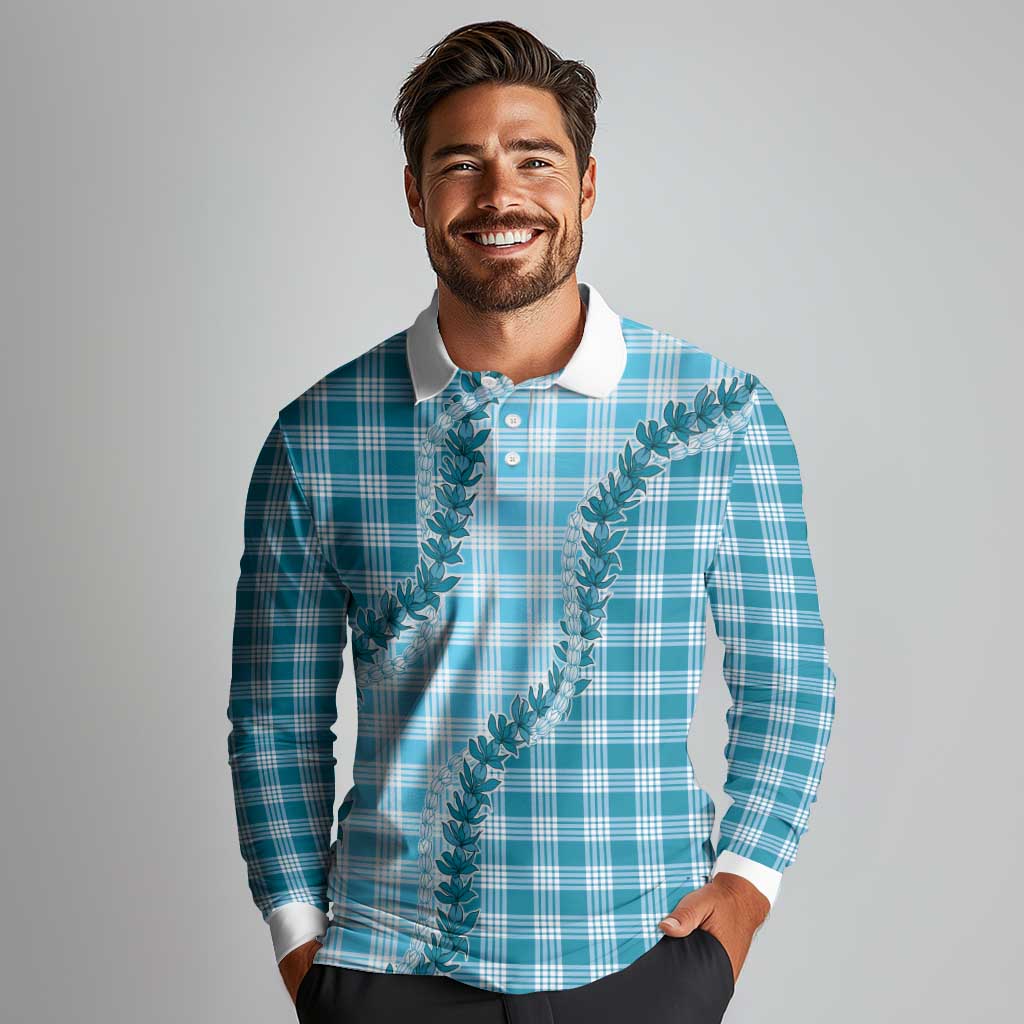 Blue Hawaii Palaka Long Sleeve Polo Shirt Hawaiian Pikake Lei LT05