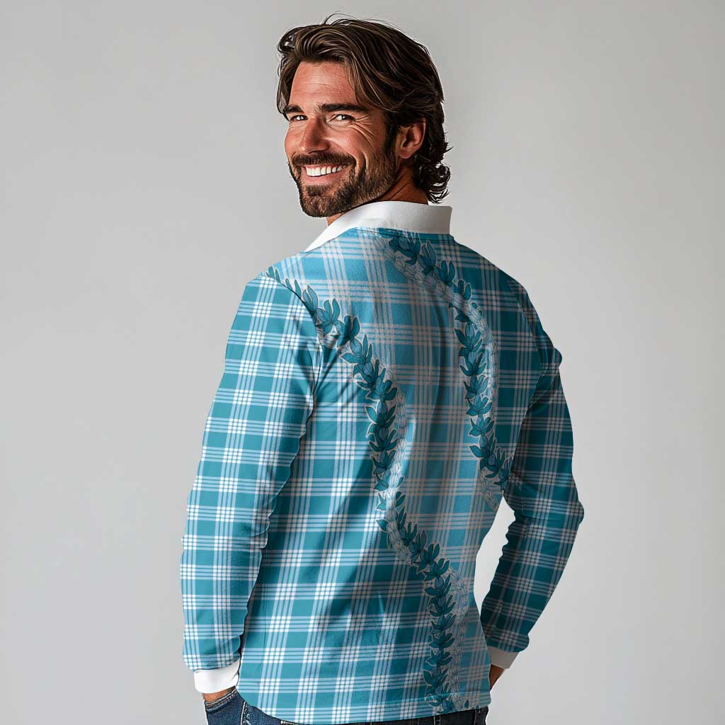 Blue Hawaii Palaka Long Sleeve Polo Shirt Hawaiian Pikake Lei LT05