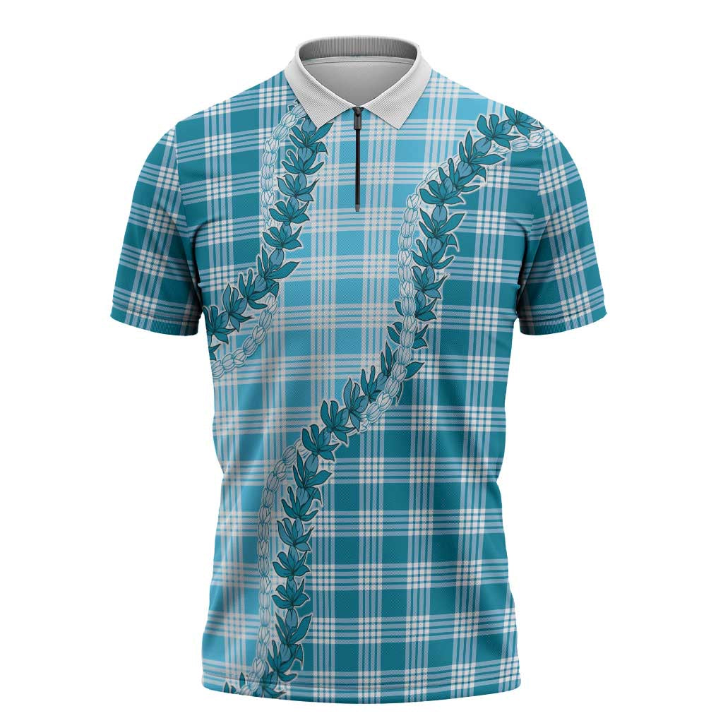 Blue Hawaii Palaka Zipper Polo Shirt Hawaiian Pikake Lei LT05