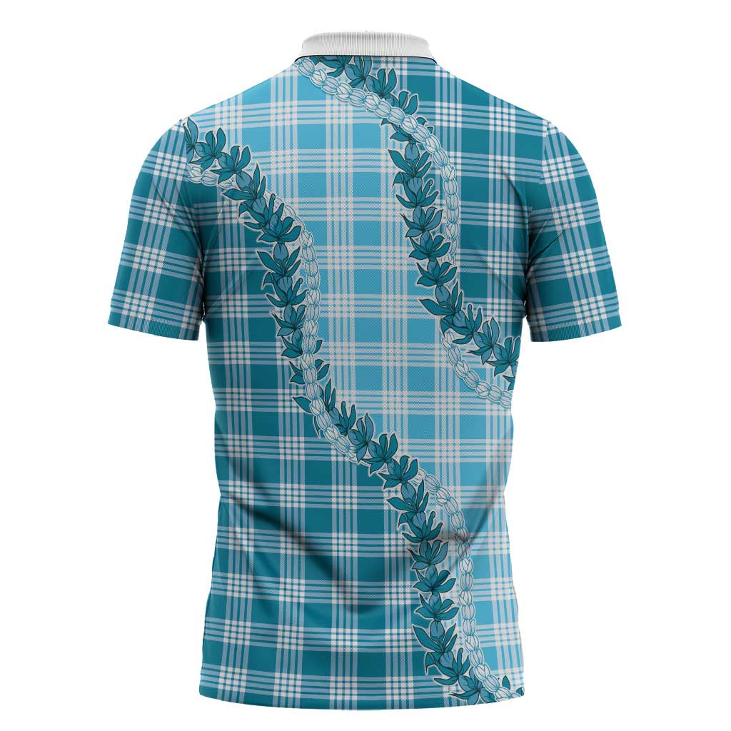 Blue Hawaii Palaka Zipper Polo Shirt Hawaiian Pikake Lei LT05