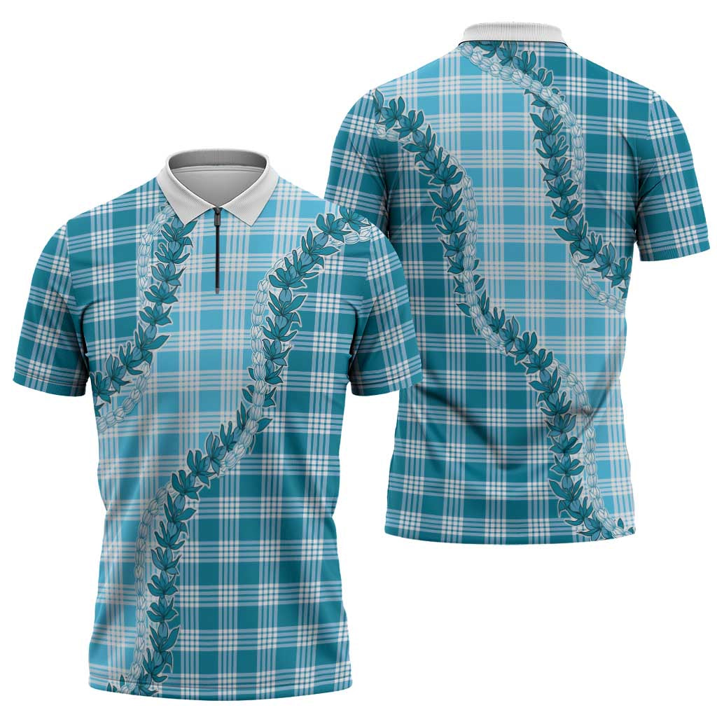 Blue Hawaii Palaka Zipper Polo Shirt Hawaiian Pikake Lei LT05