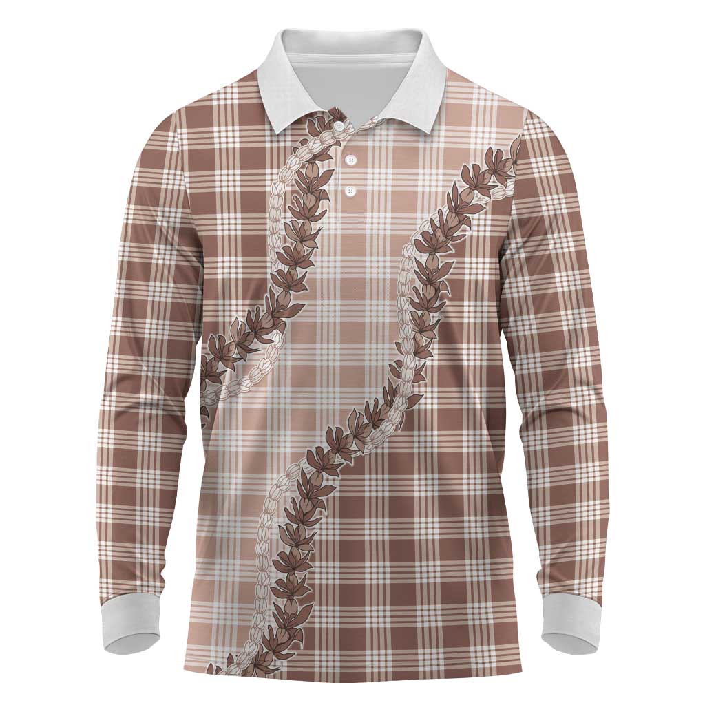 Beige Hawaii Palaka Long Sleeve Polo Shirt Hawaiian Pikake Lei LT05