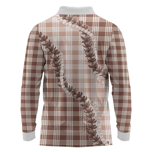 Beige Hawaii Palaka Long Sleeve Polo Shirt Hawaiian Pikake Lei LT05