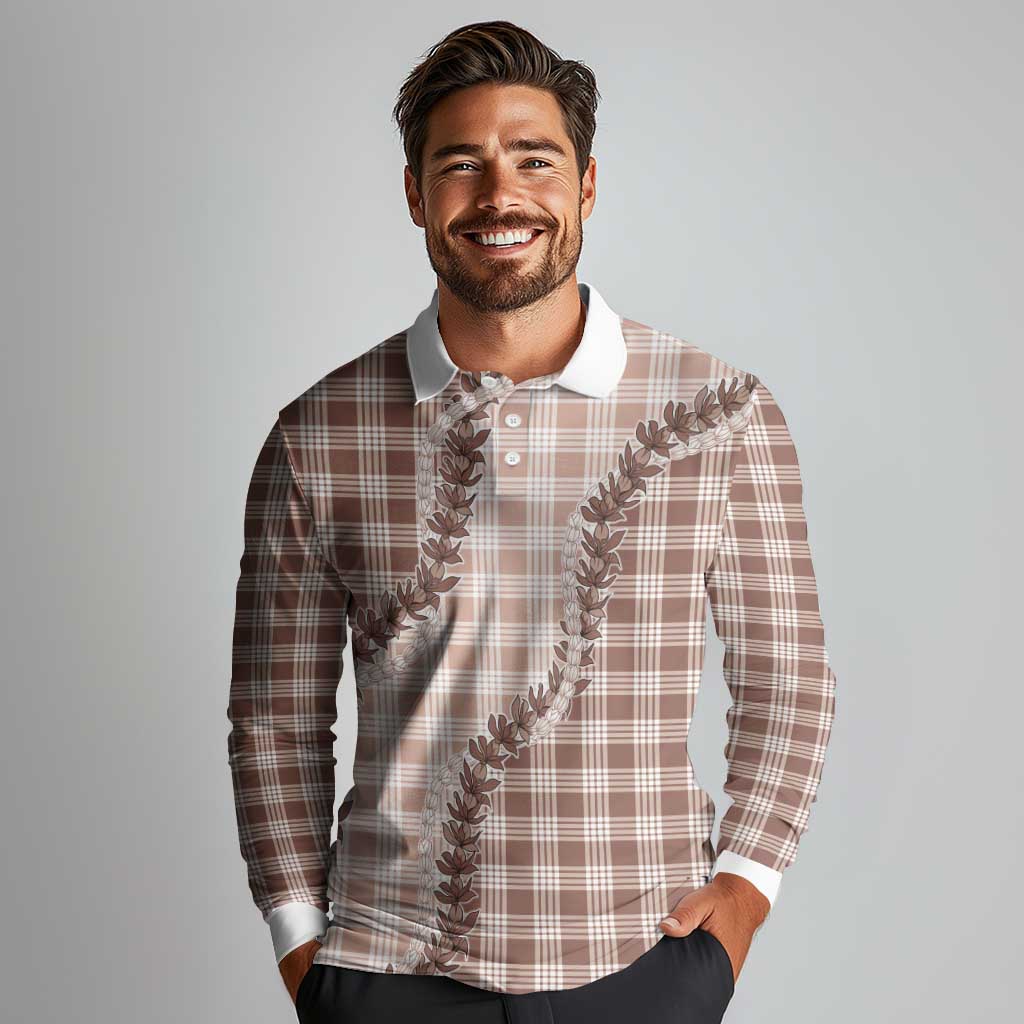 Beige Hawaii Palaka Long Sleeve Polo Shirt Hawaiian Pikake Lei LT05