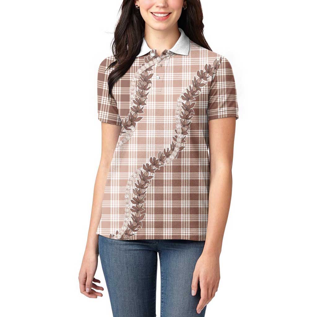 Beige Hawaii Palaka Women Polo Shirt Hawaiian Pikake Lei LT05